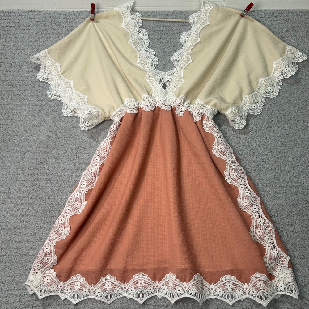 Wanderlux Mini Dress Boho Lace Medium Rust Cream Cottagecore Romantic Fairy